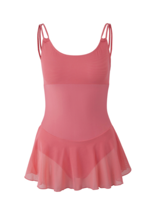 A dusty pink sleeveless dance leotard with thin shoulder straps, a solid bodice, and a layered ruffled tulle skirt, shown against a plain white background.